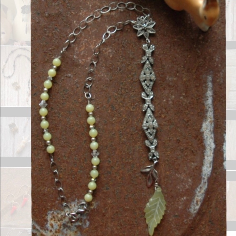 Vintage Tree Branch Rosary Necklace Jade Leaf